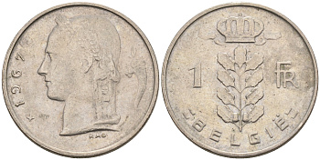 БЕЛЬГИЯ 1 ФРАНК 1967 BELGIE KM 143.1 медно-никель 4563-1255