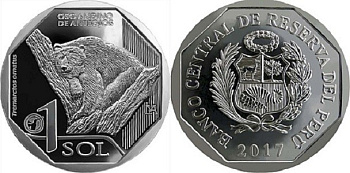 Перу 1 новый соль 2017 фауна Перу, Андский очковый медведь KM 403 медь никель цинк  UNC  M28-11