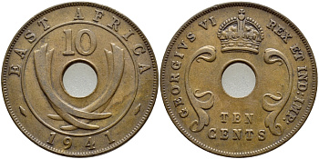 Британская Восточная Африка 10 центов 1941 I, Георг VI (1936-1952) KM 26.1 бронза 4394-1114