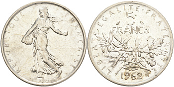 Франция 5 франков 1962 сеятель KM 926, LE FRANC 340.6 серебро 75-336