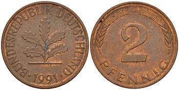 ФРГ 2 пфеннига 1991 D J.381a, KM 106a сталь плакированная медью    4598-928