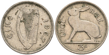 Ирландия 3 пенса 1967 заяц KM 12a медно-никель 4596-1113