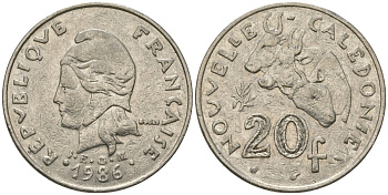 Французская Новая Каледония 20 франков 1986 три быка, (IEOM) KM 12, Schoen 14, Lec 112 никель 4680-915