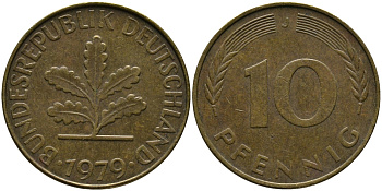 ФРГ 10 ПФЕННИГОВ 1979 J KM 108, J.383 сталь плакированная латунью 33-137