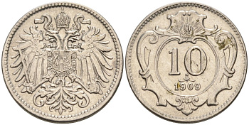Австрия 10 геллеров 1909 KM 2802 никель 4567-325