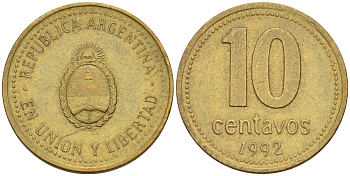 Аргентина 10 сентаво 1992 герб KM 107 алюминиевая бронза 4580-123
