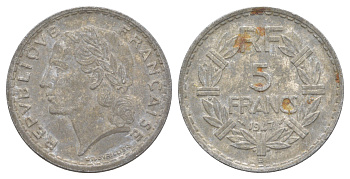 Франция 5 франков 1947 KM 888b, Le Franc 339.9 алюминий 4634-734