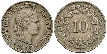 Швейцария 10 раппенов 1940 B KM 27 медно-никель 4189-344
