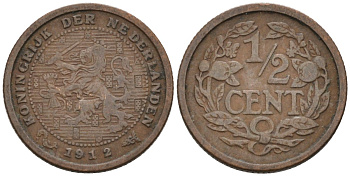 Нидерланды 1/2 цента 1912 Вильгельмина (1890-1948) KM 138 бронза 4576-347