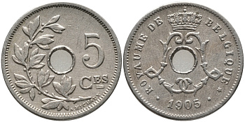 БЕЛЬГИЯ 5 САНТИМОВ 1905 BELGIQUE, A. MICHAUX KM 54 медно-никель 76-322