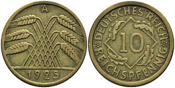 Германия 10 рейхспфеннигов 1925 A KM 40 алюминиевая бронза 4171-326