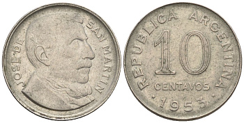Аргентина 10 сентаво 1953 генерал Хосе де Сан Мартин KM 47a, Schon 50a.1 сталь плакированная никелем    4609-1163