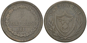 Швейцарские кантоны 1/2 батцена 1811 кантон Ури KM 41 серебро    4584-125