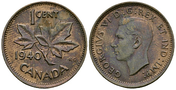 Канада 1 цент 1940 Георг VI (1937-1952), кленовый лист KM 32 бронза 4173-947
