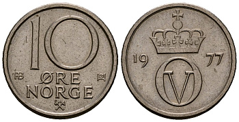 Норвегия 10 эре 1977 Улаф V (1957-1991) KM 416 медно-никель 4173-741