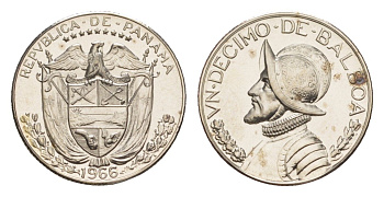 Панама 1/10 бальбоа (10 сентесимо) 1966 тираж 13.000 экземпляров KM 10 медь плакированная медно-никелем PROOF 1524-1224