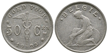 БЕЛЬГИЯ 50 САНТИМОВ 1923 BELGIE KM 88 никель 4379-326