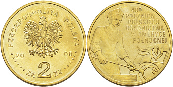 Польша 2 злотых 2008 400 лет первой волны эмиграции поляков в США, стеклодувы KM 659 латунь 4114-117
