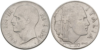 ИТАЛИЯ 20 ЧЕНТЕЗИМО 1940 R, ГОД XVIII, ВИКТОР ЭММАНУИЛ III (1900-1946), МАГНИТНАЯ, ГУРТ РИФЛЁНЫЙ KM 75b, VEM3. 1025 нержавеющая сталь 3853-455