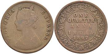 Британская Индия 1/4 анна 1897 Виктория (1837-1901), имперская чеканка KM 486 медь 119-215
