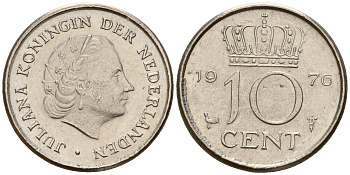 Нидерланды 10 центов 1976 Юлиана (1949-1980) KM 182 никель    4598-331