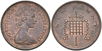 Великобритания 1 пенни 1975 Елизавета II (1952-2022) KM 915, Spink 4237 (B1) бронза 4115-669