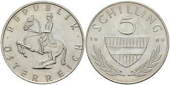 Австрия 5 шиллингов 1969 KM 2889a медно-никель UNC 4579-342
