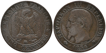 Франция 5 сантимов 1856 BB, Наполеон III (1852-1870) KM 777.3, LE FRANC 116.32 бронза 34-1213