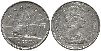 КАНАДА 10 ЦЕНТОВ 1973 ЕЛИЗАВЕТА II (1952-), ПАРУСНИК, ВТОРОЙ ПОРТРЕТ В КОРОНЕ KM 77.1 никель 4532-816