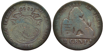 БЕЛЬГИЯ 2 САНТИМА 1858 BELGES, ЛЕОПОЛЬД I (1831-1865) KM 4.2 медь 27-847