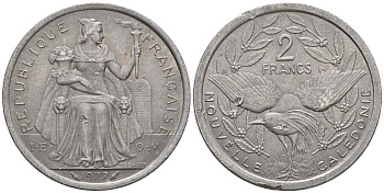 Французская Новая Каледония 2 франка 1977 птица кагу, (IEOM) KM 14, Schoen 11, Lec 58 алюминий    27-446