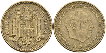 Испания 1 песета 1963 (65) Франсиско Франко (1939-1975) KM 775 алюминиевая бронза 4604-337