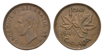 Канада 1 цент 1949 Георг VI (1936-1952), кленовый лист KM 41 бронза 4611-444