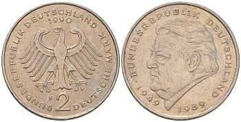 ФРГ 2 марки 1990 F, Франц Йозеф Штраус, 40 лет Федеративной Республике KM 175 медно-никель 4572-933