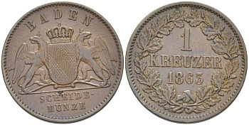 Баден 1 крейцер 1863 Великий Герцог Фридрих I (1856-1907) КМ 242 медь 117-827