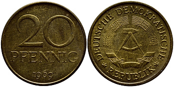 ГДР 20 пфеннигов 1969 А, первый год KM 11 латунь UNC 4398-112