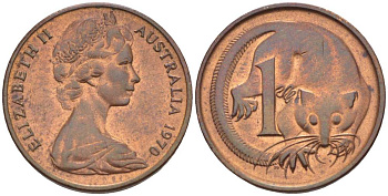 АВСТРАЛИЯ 1 ЦЕНТ 1970 ЕЛИЗАВЕТА II (1952-) МОЛОДОЙ ПОРТРЕТ, ОПОССУМ KM 62 бронза 4516-627