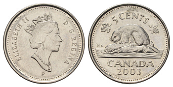 Канада 5 центов 2003 P, Елизавета II (1952-2022), бобр KM 182b сталь плакированная никелем UNC 4689-449