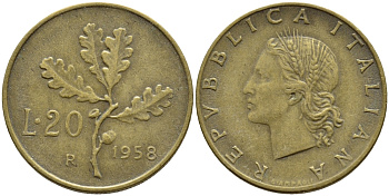 ИТАЛИЯ 20 ЛИР 1958 R ДУБОВАЯ ВЕТВЬ KM 97.1 алюминиевая бронза 4397-531
