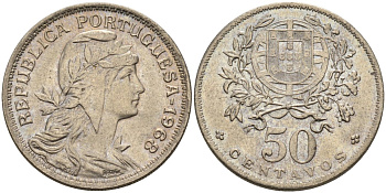 Португалия 50 сентаво 1968 голова свободы вправо KM 577 медно-никель аUNC 4573-653