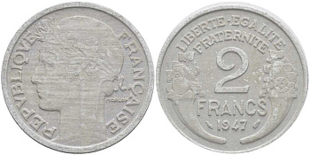 Франция 2 франка 1947 KM 886а.1, LE FRANC 269.10 алюминий 180-1141