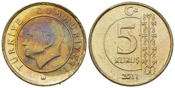Турция 5 курушей 2011 Кемаль Ататюрк KM 1240 медь цинк никель 4621-623