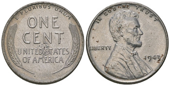 США 1 цент 1943 Авраам Линкольн KM 132 a сталь покрытая цинком aUNC 4580-223