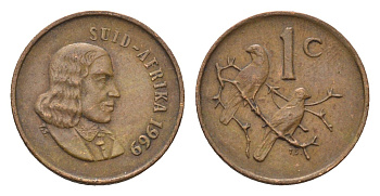 ЮАР 1 цент 1969 Ян ван Рибек (1619-1677), Suid Africa, легенда на африкаанс, капские воробьи KM 65.2 бронза 4690-1167