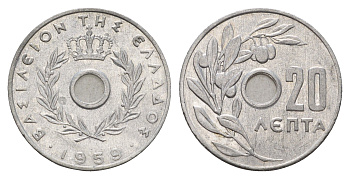 Греция 20 лепт 1959 Павел I (1947-1964), оливковая ветвь KM 79 алюминий 4670-111