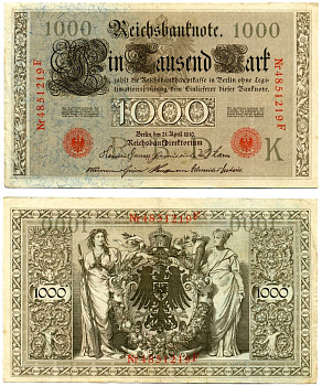 Германия 1000 марок 1910 21 апреля 1910, красная печать, номер семизначный, серия F, буква K, выпуск НОЯБРЬ - ДЕКАБРЬ 1921 Pick 44, Роземберг 45с бумага VF 8606-39-1-2