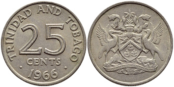 Тринидад и Тобаго 25 центов 1966 герб KM 4 медно-никель 4396-637