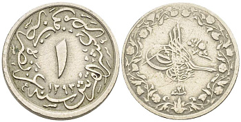 ЕГИПЕТ 1/10 ГИРША 1892 АН1293, ГОД 21, ABDUL HAMID II (1876-1909), ОСМАНСКАЯ ИМПЕРИЯ KM 289 медно-никель 4516-166