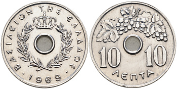 Греция 10 лепта 1969 Константин II (1964-1973), виноградная гроздь KM 78 алюминий 4563-753