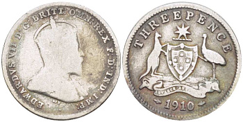 Австралия 3 пенса 1910 L, Эдуард VII (1902-1910), герб Австралии KM 18 серебро 3955-1268